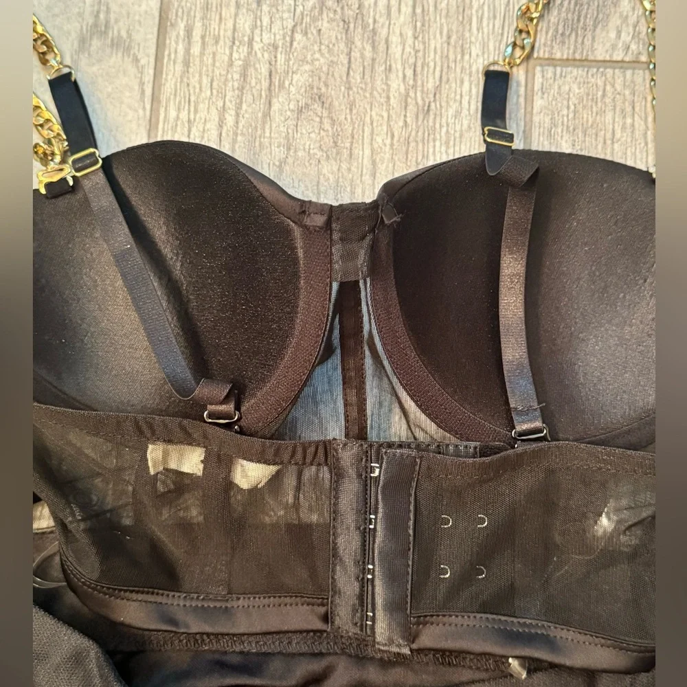 The Vintage Shop Black Corset Top Dress Tulle Skirt, Removable Gold Chain Straps - Picture 9 of 9